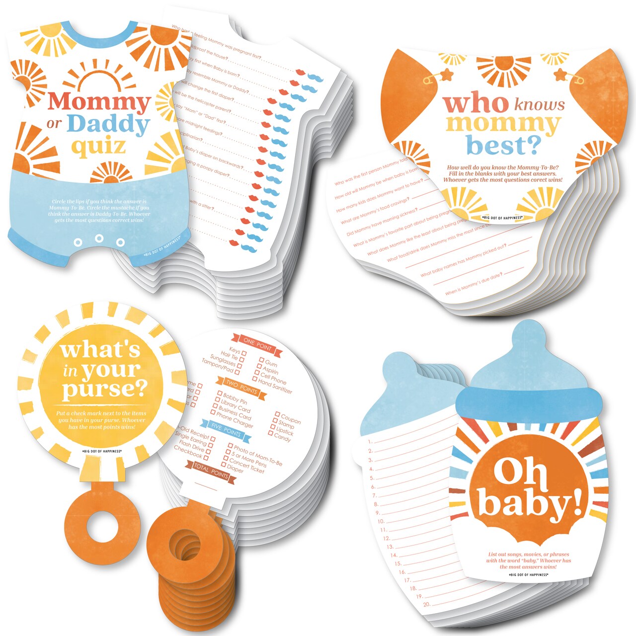 Big Dot of Happiness Here Comes The Son Baby Shower Game Bundle Pack, 4 Activities - Who Knows Mommy Best, Mommy or Daddy Quiz, What's in Your Purse and Oh Baby